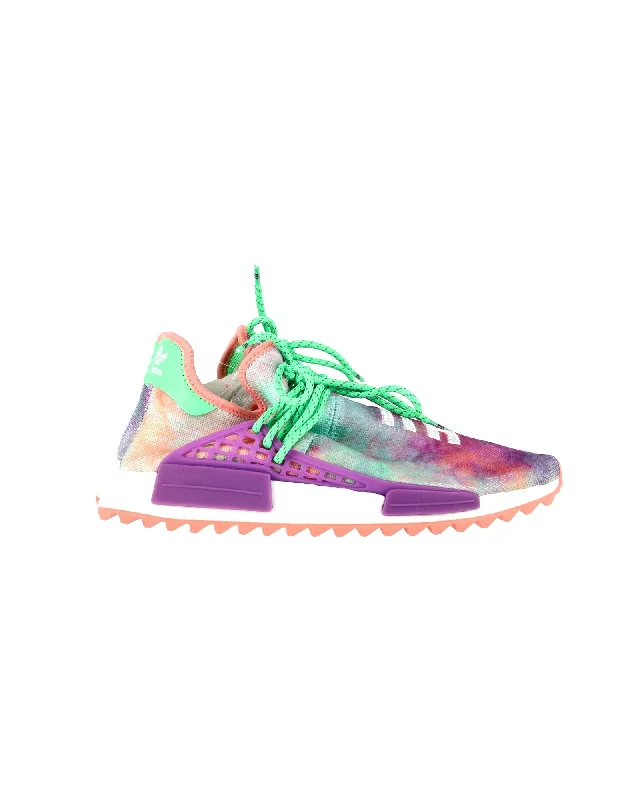 Pharrell x Adidas NMD Hu Trail Holi Sneakers in Flash Green and Lab Purple Polyester