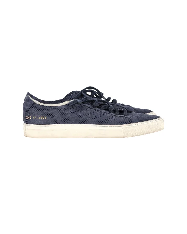Common Projects Achilles Low Summer Edition Perforated Sneakers in Navy Nubuck Suede