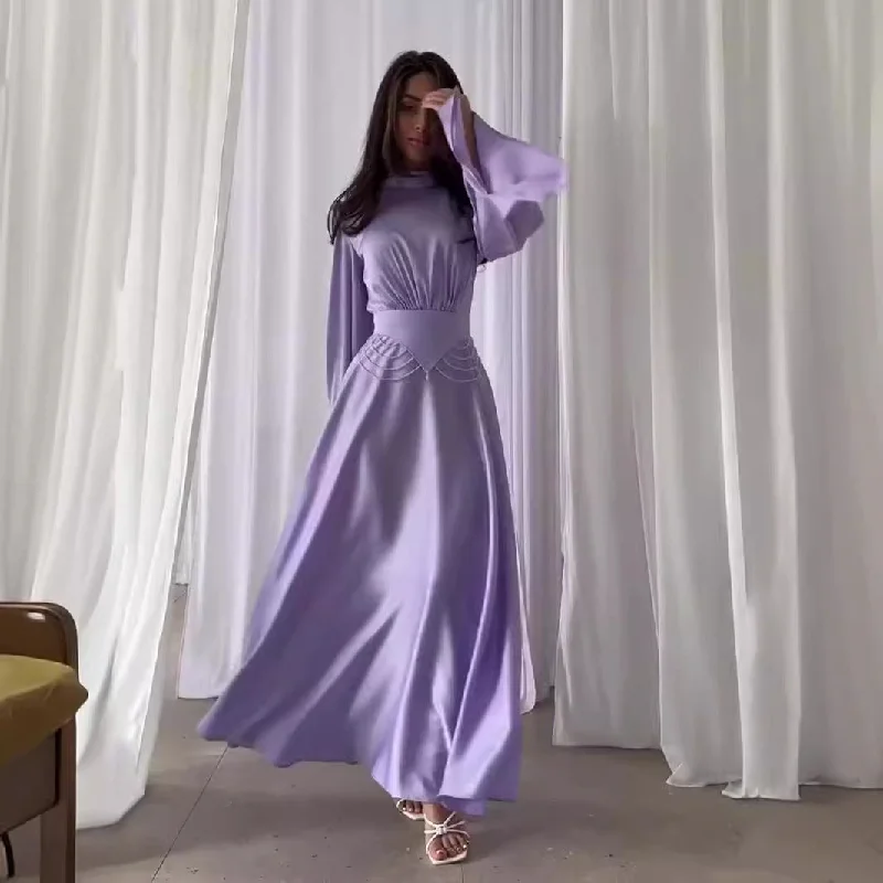 Tight Waist Solid Color Long Sleeve Dress