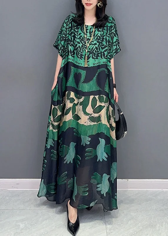 Bohemian Green O Neck Pockets Print Patchwork Silk Long Dresses Summer