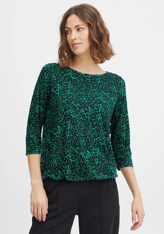 Fransa Three Quarter Sleeve Print T-Shirt, Holly Green