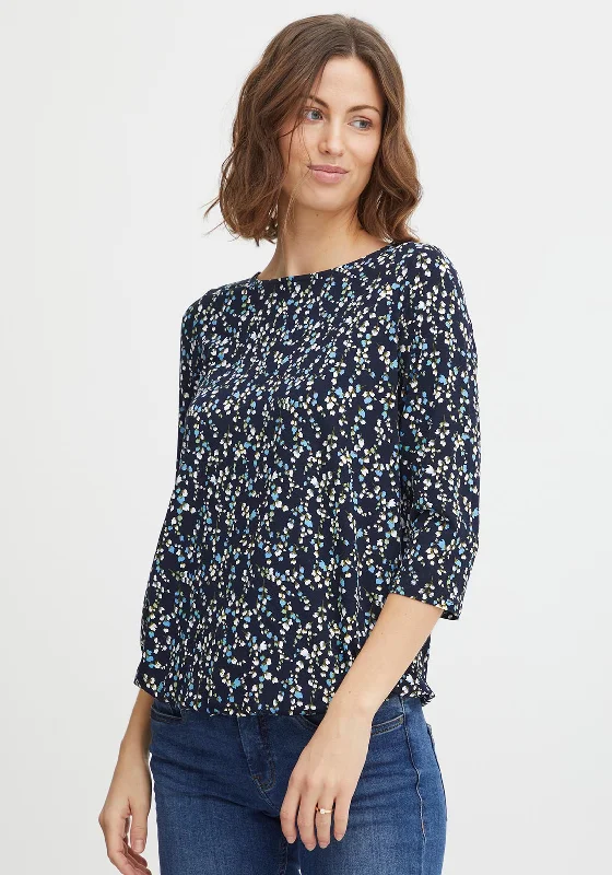 Fransa Three Quarter Sleeve Floral T-Shirt, Navy Blazer