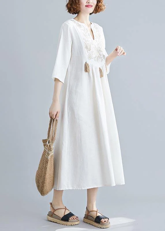 Unique V Neck Tassel Spring White Loose Linen Dress