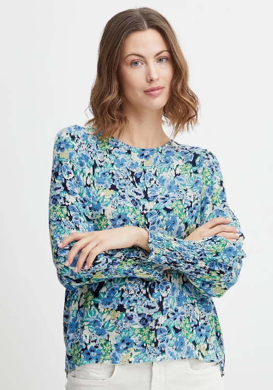 Fransa Vintage Floral Print Top, Blue Multi