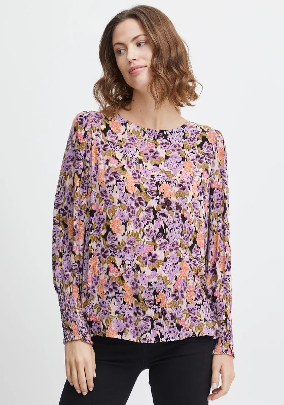 Fransa Vintage Floral Print Top, Purple Multi