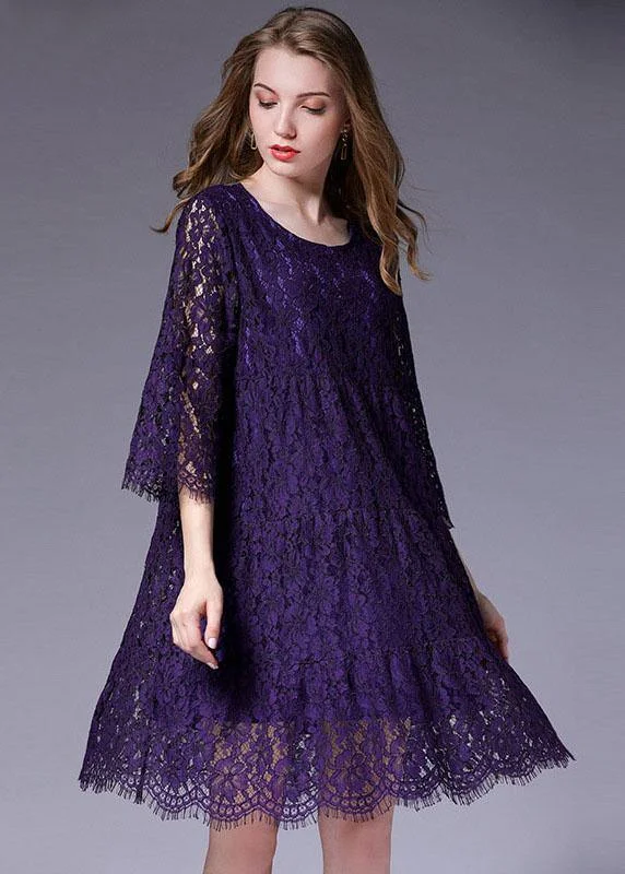 French Purple Half Sleeve Casual Spring Floral Vacation Dresses Half Sleeve