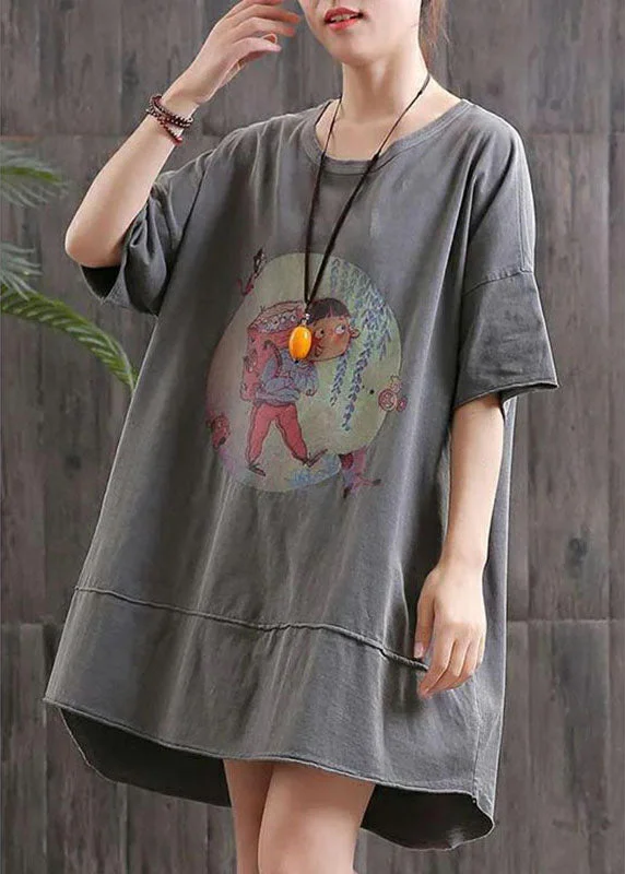 diy Grey O-Neck Print Asymmetrical Design Fall Dress Half Sleeve