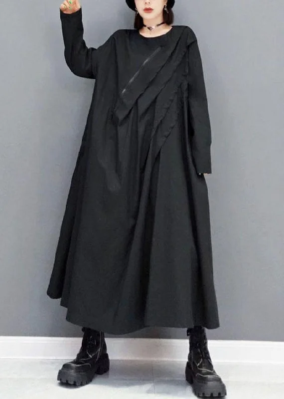 Elegant Black O-Neck Pockets Robe Dresses Fall Long Sleeve