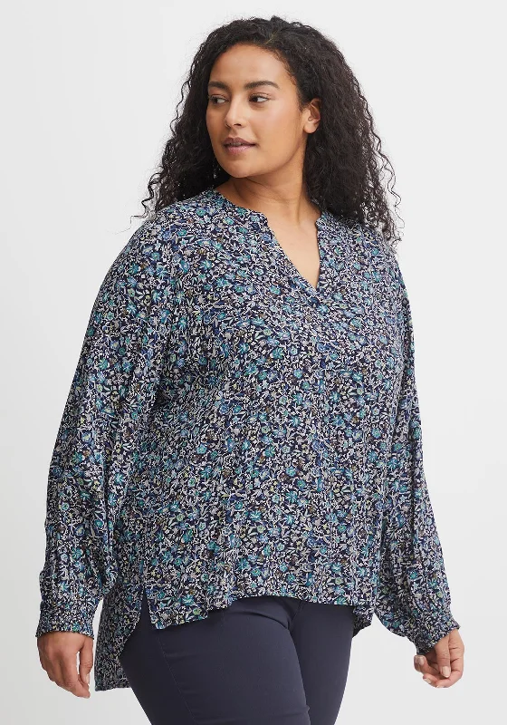Fransa Dainty Floral Pattern Tunic Top, Navy Multi