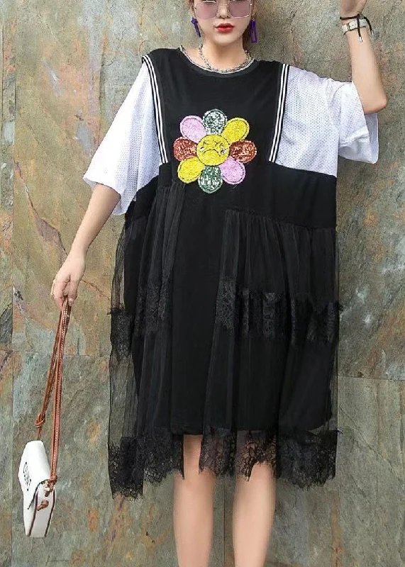 Boho Black Nail bead Print Asymmetrical Design Patchwork Fall Mid Dress Half Sleeve
