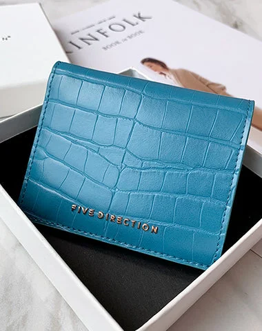 Cute Women Blue Vegan Leather Small Billfold Wallet Card Holder Crocodile Pattern Slim Card Wallets For Women Cute Women Blue Vegan Leather Small Billfold Wallet Card Holder Crocodile Pattern Slim Card Wallets For Women