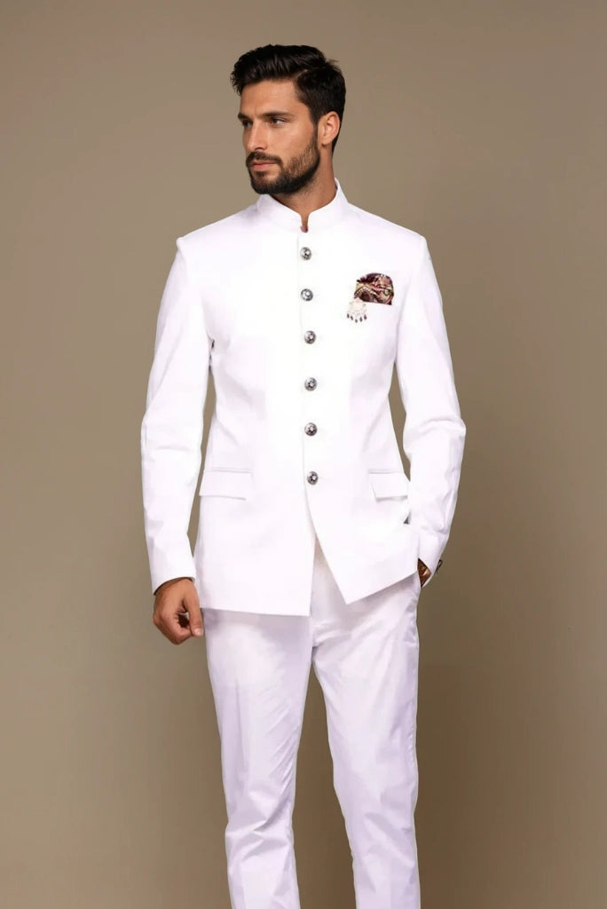 Men White Jodhpuri Bandhgala Designer Suit Perfect For Wedding Party Wear Festival Family Function And Groom Reception Wear Men White Jodhpuri Bandhgala Designer Suit Perfect For Wedding Party Wear Festival Family Function And Groom Reception Wear