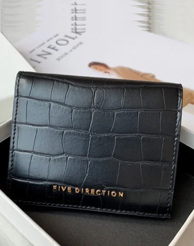 Cute Women Black Vegan Leather Small Billfold Wallet Card Holder Crocodile Pattern Slim Card Wallets For Women Cute Women Black Vegan Leather Small Billfold Wallet Card Holder Crocodile Pattern Slim Card Wallets For Women