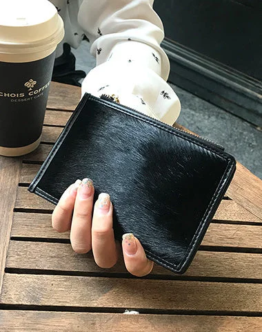 Cute Womens Horse Hair Black Leather Card Wallets Card Clutch Wallet Zip Card Holder Wallet for Women Cute Womens Horse Hair Black Leather Card Wallets Card Clutch Wallet Zip Card Holder Wallet for Women