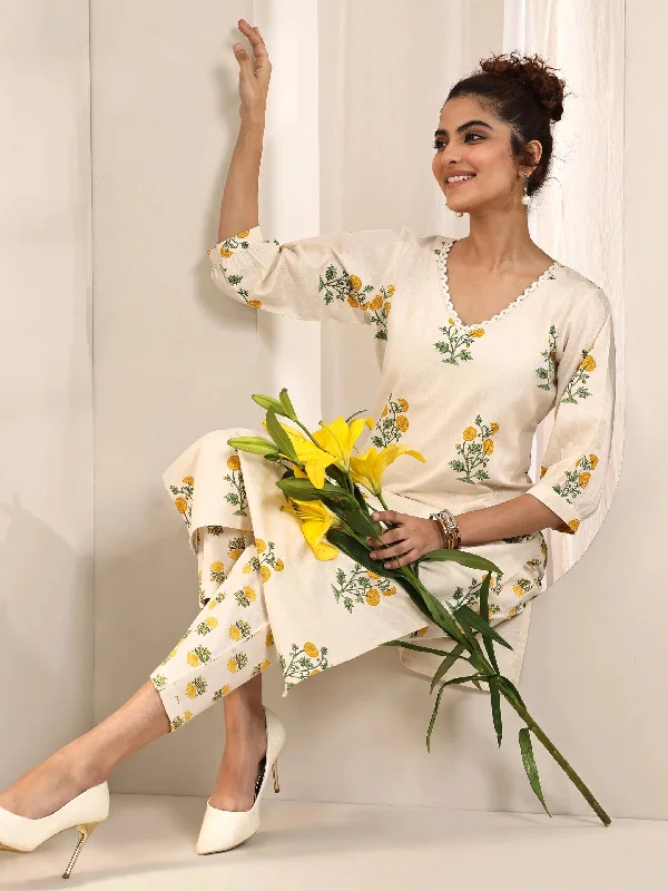 Off white Printed Cotton Straight Kurta Set