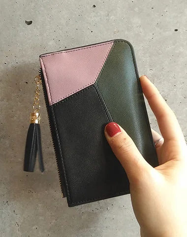 Cute Womens Patchwork Black&Green Leather Card Wallets with Keychain Zip Card Holder Wallet for Women Cute Womens Patchwork Black&Green Leather Card Wallets with Keychain Zip Card Holder Wallet for Women
