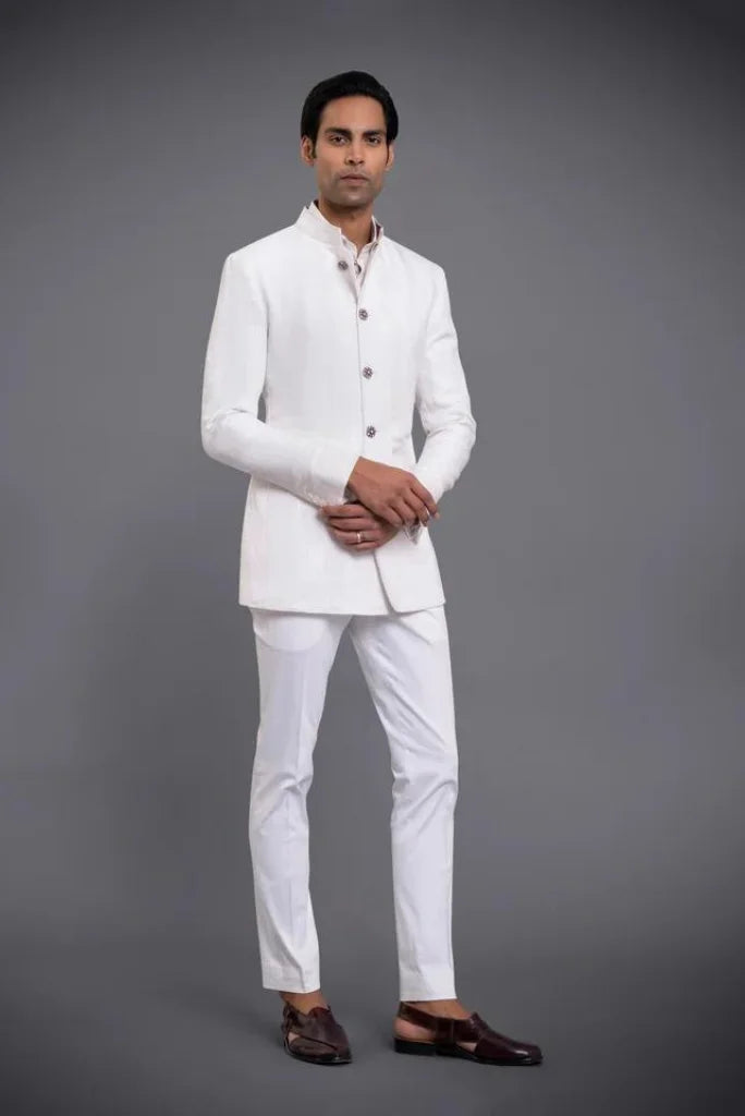 Wedding Special White Bandhgala Jodhpuri Suit, Elegant Jodhpuri Suit for Mens