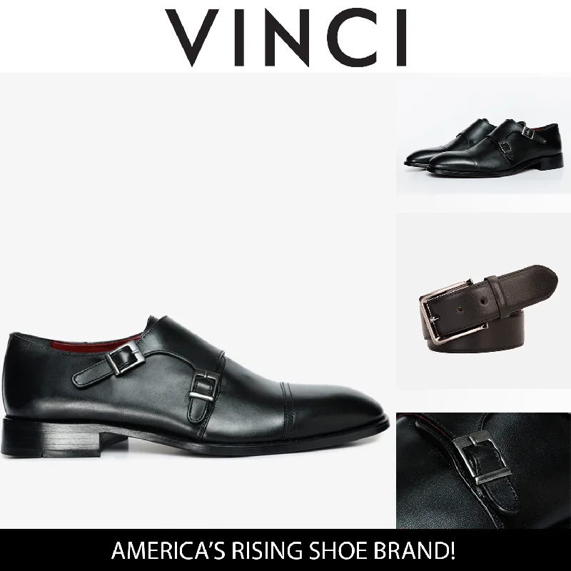 The Essen Black Leather Cap Toe Double Monk Strap Men Shoe