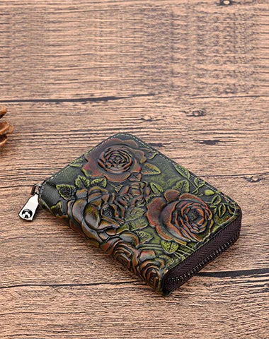 Womens Green Leather Small Zip Around Wallet Rose Billfold Wristlet Wallet Floral Ladies Zipper Small Card Wallet for Women Womens Green Leather Small Zip Around Wallet Rose Billfold Wristlet Wallet Floral Ladies Zipper Small Card Wallet for Women