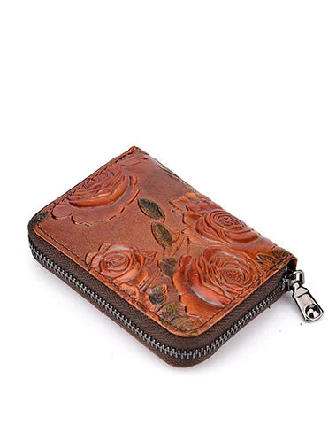 Womens Brown Leather Small Zip Around Wallet Rose Billfold Wristlet Wallet Floral Ladies Zipper Small Card Wallet for Women Womens Brown Leather Small Zip Around Wallet Rose Billfold Wristlet Wallet Floral Ladies Zipper Small Card Wallet for Women