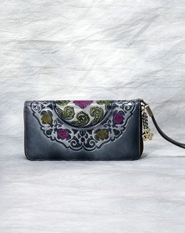 Handmade Floral Gray Leather Wristlet Wallet Womens Zip Around Wallets Floral Cards Ladies Zipper Clutch Wallet for Women Handmade Floral Gray Leather Wristlet Wallet Womens Zip Around Wallets Floral Cards Ladies Zipper Clutch Wallet for Women