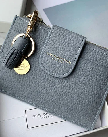 Cute Women Gray Blue Leather Slim Keychain with Card Wallet Card Holder Wallet Change Wallet For Women Cute Women Gray Blue Leather Slim Keychain with Card Wallet Card Holder Wallet Change Wallet For Women