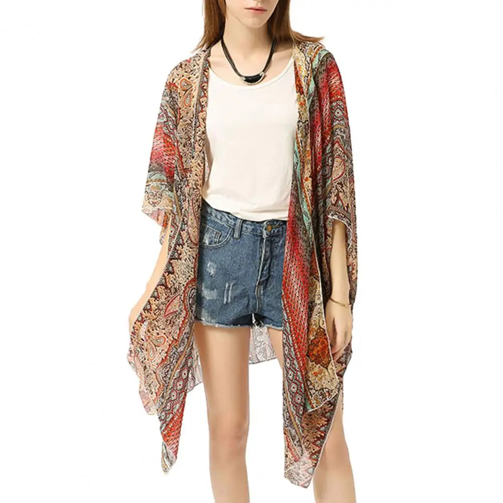 Women Summer Kimono Cardigans Boho Beach Cover Up Tops Beachwear Hawaii Chiffon Cardigan Top Swimsuit Cover-Up Beach Cardigan