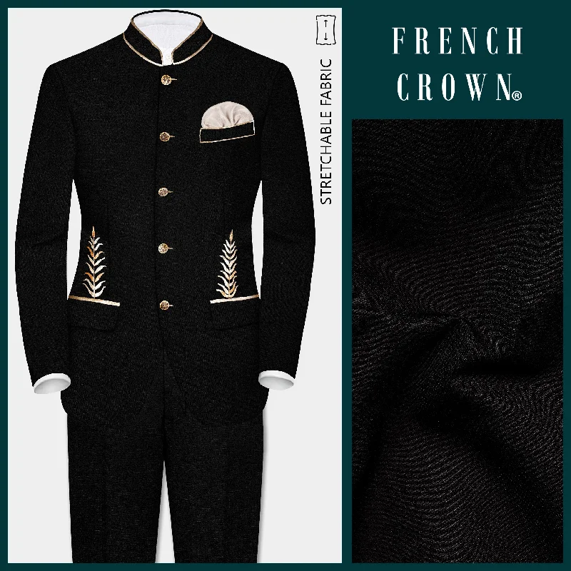 Jade Black Stretchable Leaves Hand Painted Bandhgala Designer Suit