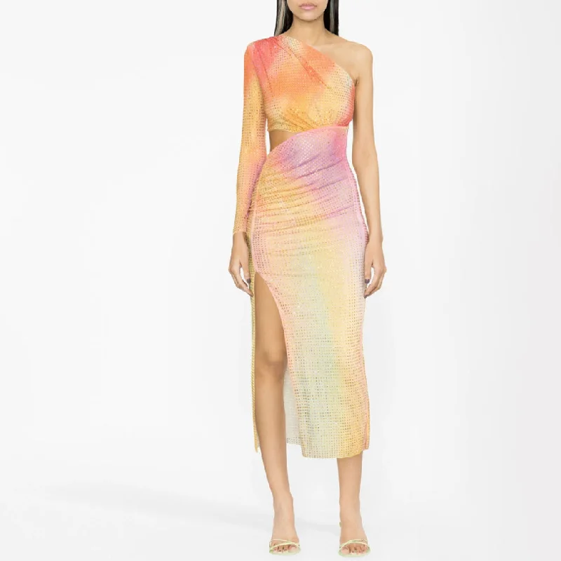 Ombre Rainbow Rhinestone Cutout Split Ruched One Shoulder Mesh Midi Cocktail Dress Ombre Rainbow Rhinestone Cutout Split Ruched One Shoulder Mesh Midi Cocktail Dress