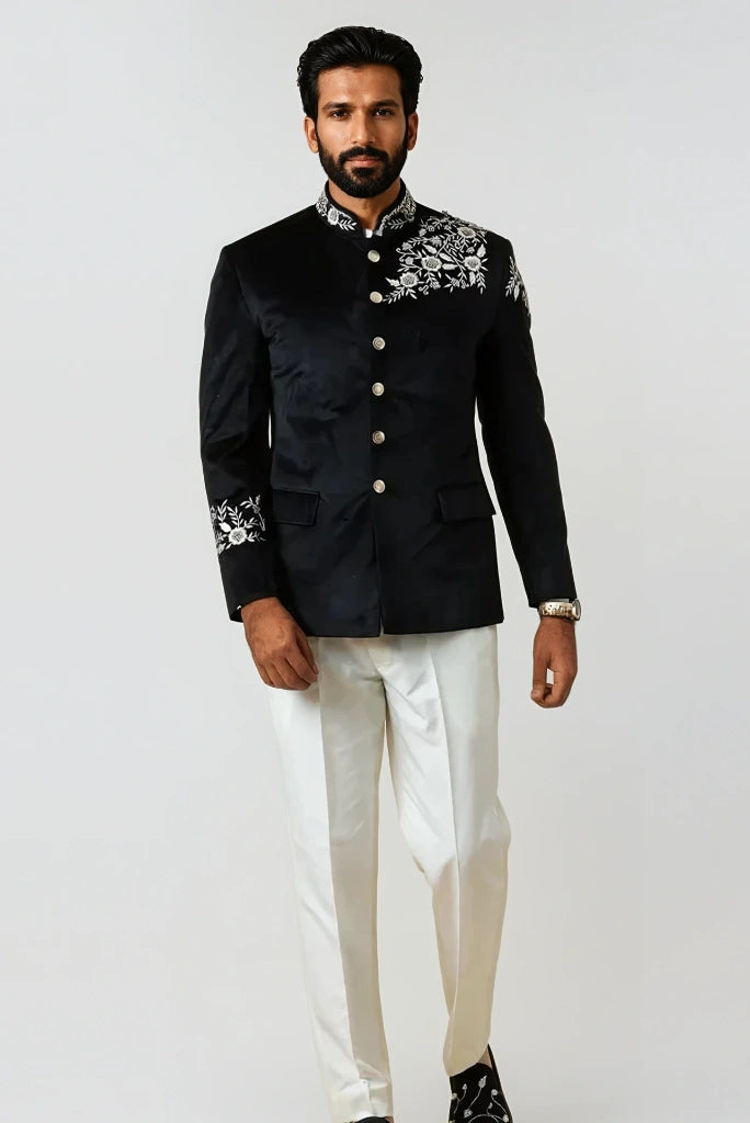 Mens Black Velvet Designer Embroidery Jodhpuri Bandhgala Suit Wedding Party Reception & Events Festive Wear Mens Black Velvet Designer Embroidery Jodhpuri Bandhgala Suit Wedding Party Reception & Events Festive Wear
