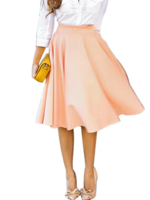 Women Perfect Peach Pink Pleats A-line Flared High Waist Midi Skater Skirt S-XL