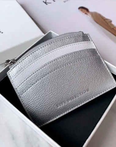 Cute Women Silver Leather Card Holder Small Card Wallet Minimalist Credit Card Holders For Women