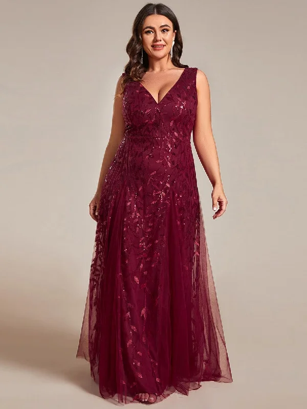 Ola | Plus Size Sparkling Sleeveless Leaf Sequin A-Line Formal Evening Dress