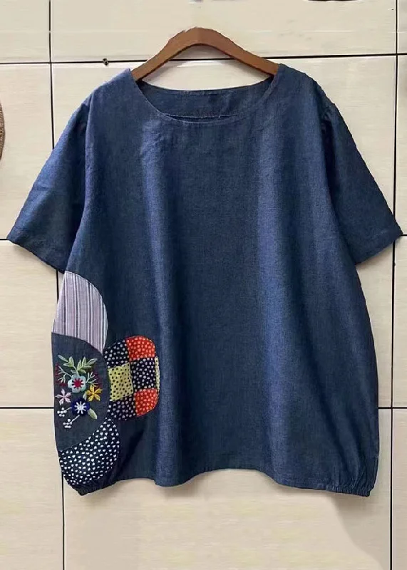 Loose Navy O-Neck Embroideried Patchwork Denim T Shirt Top Summer