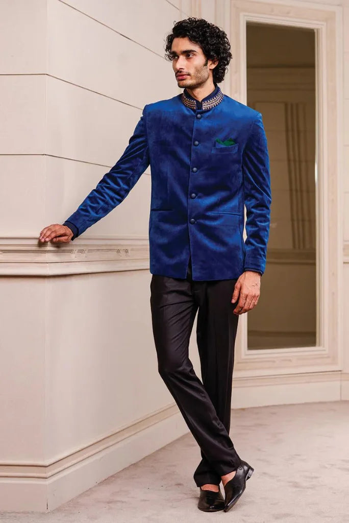 Men's Royal Blue Velvet Bandhgala Jodhpuri Suit, Embroidery Jodhpuri Suit for Wedding Men's Royal Blue Velvet Bandhgala Jodhpuri Suit, Embroidery Jodhpuri Suit for Wedding