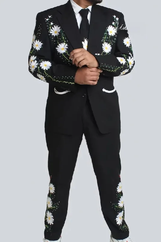 Black Embroidered Two Piece Suit Wedding Flower Designer Suit Groomsmen Gift Elegant Prom Black Embroidered Two Piece Suit Wedding Flower Designer Suit Groomsmen Gift Elegant Prom