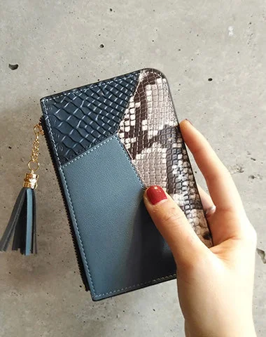 Cute Womens Patchwork Blue Leather Card Wallets with Keychain Zip Card Holder Wallet for Women Cute Womens Patchwork Blue Leather Card Wallets with Keychain Zip Card Holder Wallet for Women