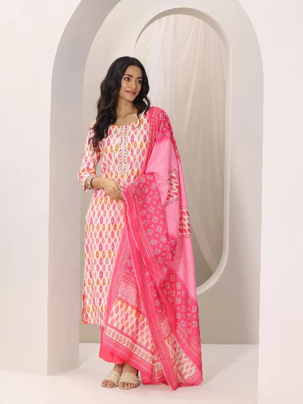 Pink Printed Silk Blend Straight Suit Set With Dupatta