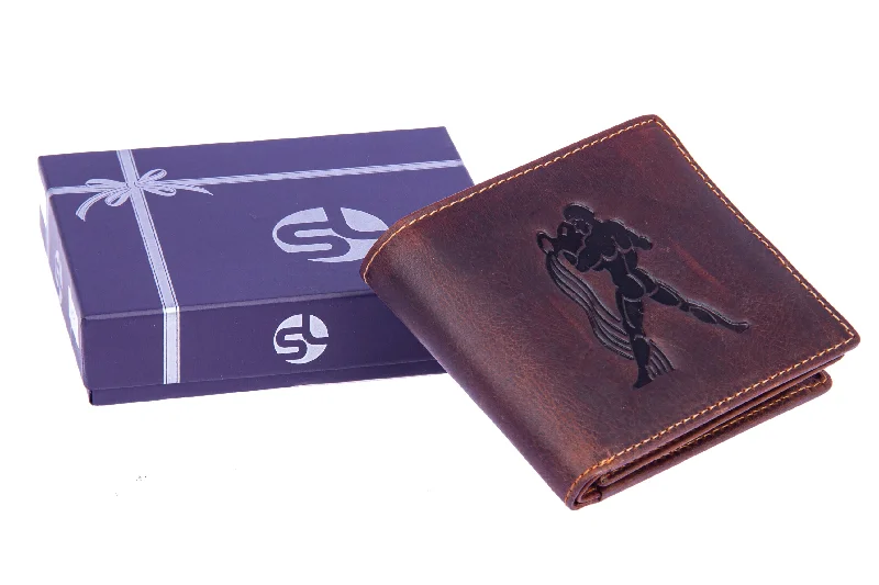 Mens leather wallet with zodiac sign 92957 (Aquarius) Brown