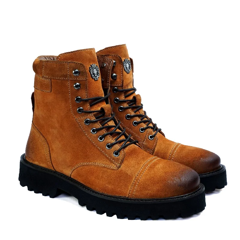 Burnished Orangish Biker Boots in Light Weight Suede Leather Toe and Heal Cap by Brune & Bareskin