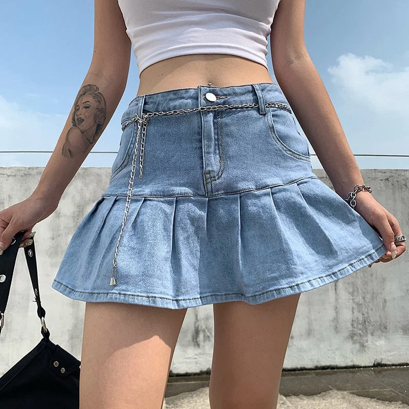 Denim Pleated Skirts Mini Solid Casual Woman Fashion Korean Style High Waist Skirt with Lined Hot Club Party Girls