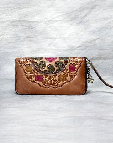 Handmade Floral Brown Leather Wristlet Wallet Womens Zip Around Wallets Floral Cards Ladies Zipper Clutch Wallet for Women Handmade Floral Brown Leather Wristlet Wallet Womens Zip Around Wallets Floral Cards Ladies Zipper Clutch Wallet for Women