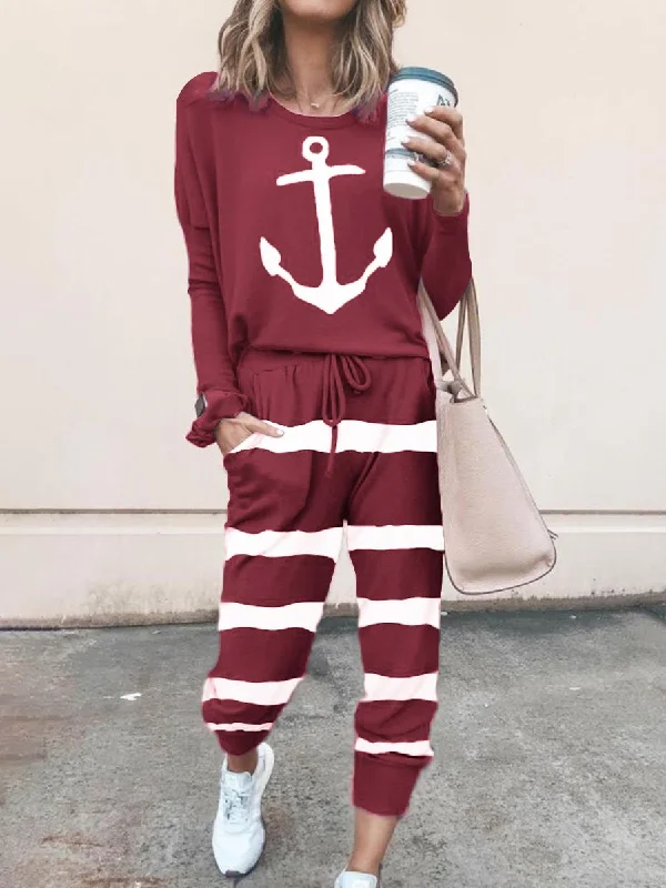 Anchor Printed Striped Drawstring Top and Pants Set
