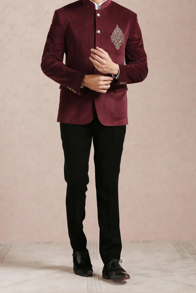 Men's Wine Velvet Embroidery Groom Jodhpuri Suit For Special Weddings Wear Suits & Any Occasions Men's Wine Velvet Embroidery Groom Jodhpuri Suit For Special Weddings Wear Suits & Any Occasions
