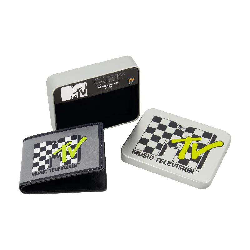 MTV LOGO WITH CHECKERBOARD PATTERN Bifold Wallet, Slim Wallet with Decorative Tin for Men and Women MTV LOGO WITH CHECKERBOARD PATTERN Bifold Wallet, Slim Wallet with Decorative Tin for Men and Women
