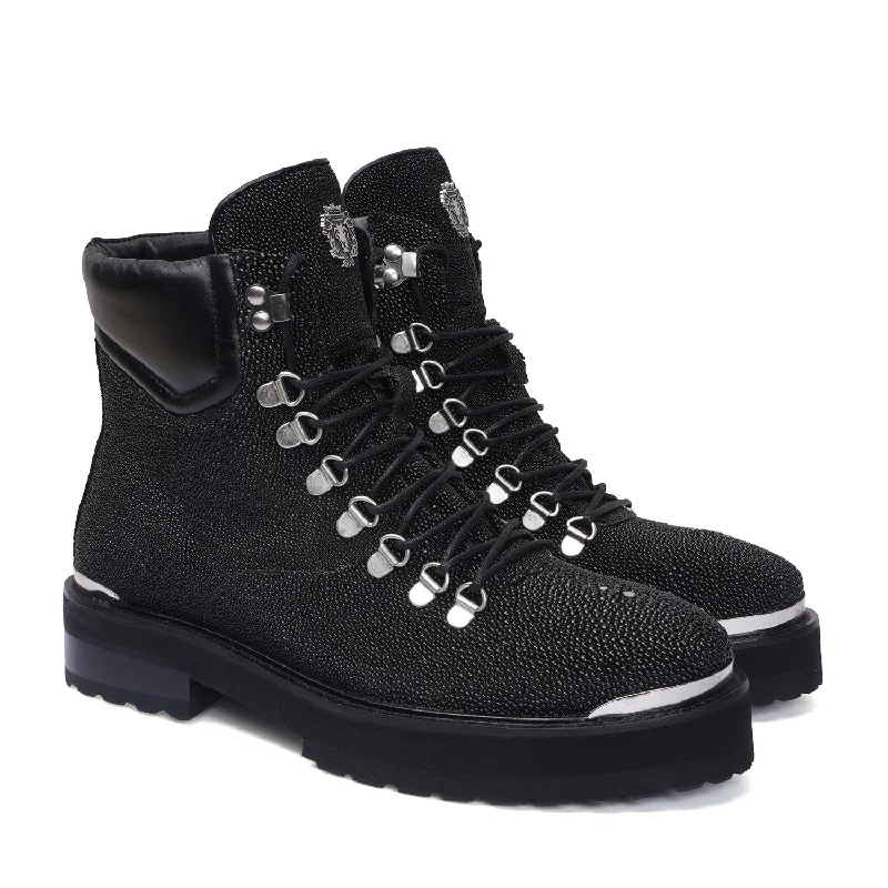 Chunky Boot With Exotic Black Caviar Stingray Fish Leather