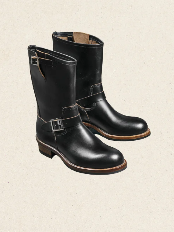 Black Engineer Boots | Buckle-Strap, Vibram Sole | Black Leather Moto Boots for Men