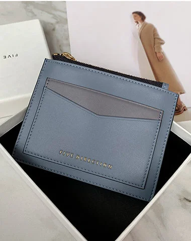 Cute Women Gray Blue Vegan Leather Card Holders Slim KeyChain Card Wallet Zip Change Wallet For Women Cute Women Gray Blue Vegan Leather Card Holders Slim KeyChain Card Wallet Zip Change Wallet For Women