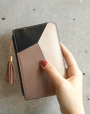 Cute Womens Patchwork Light Coffee Leather Card Wallets with Keychain Zip Card Holder Wallet for Women Cute Womens Patchwork Light Coffee Leather Card Wallets with Keychain Zip Card Holder Wallet for Women