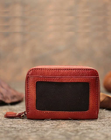Vintage Women Red Leather Card Holders Small Double Zip Card Wallet Small Wallet For Women Vintage Women Red Leather Card Holders Small Double Zip Card Wallet Small Wallet For Women